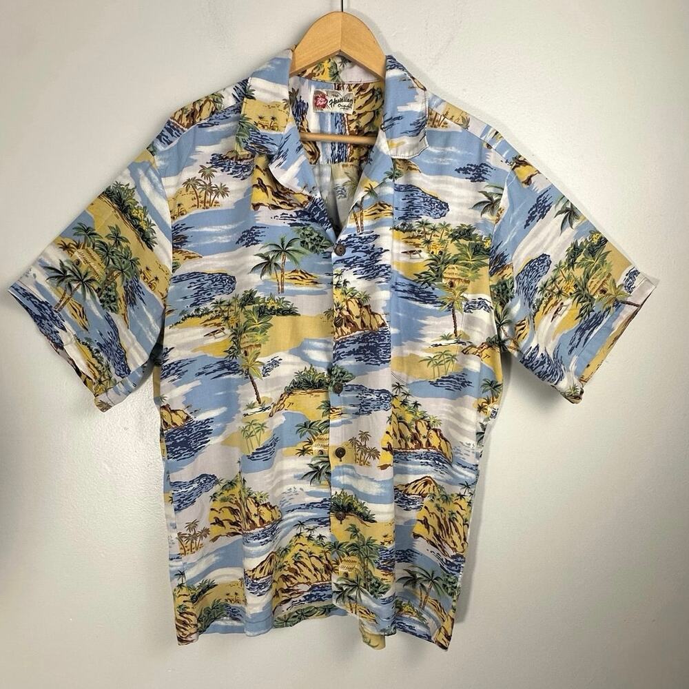 Vintage Hilo Hattie Hawaiian Shirt Men's 2XL Blue Yellow Island Scenic Camp